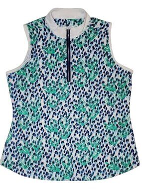 Pebble Beach Print Golf Shirt Women's Size Large Sleeveless 1/2 Zip Collared Str